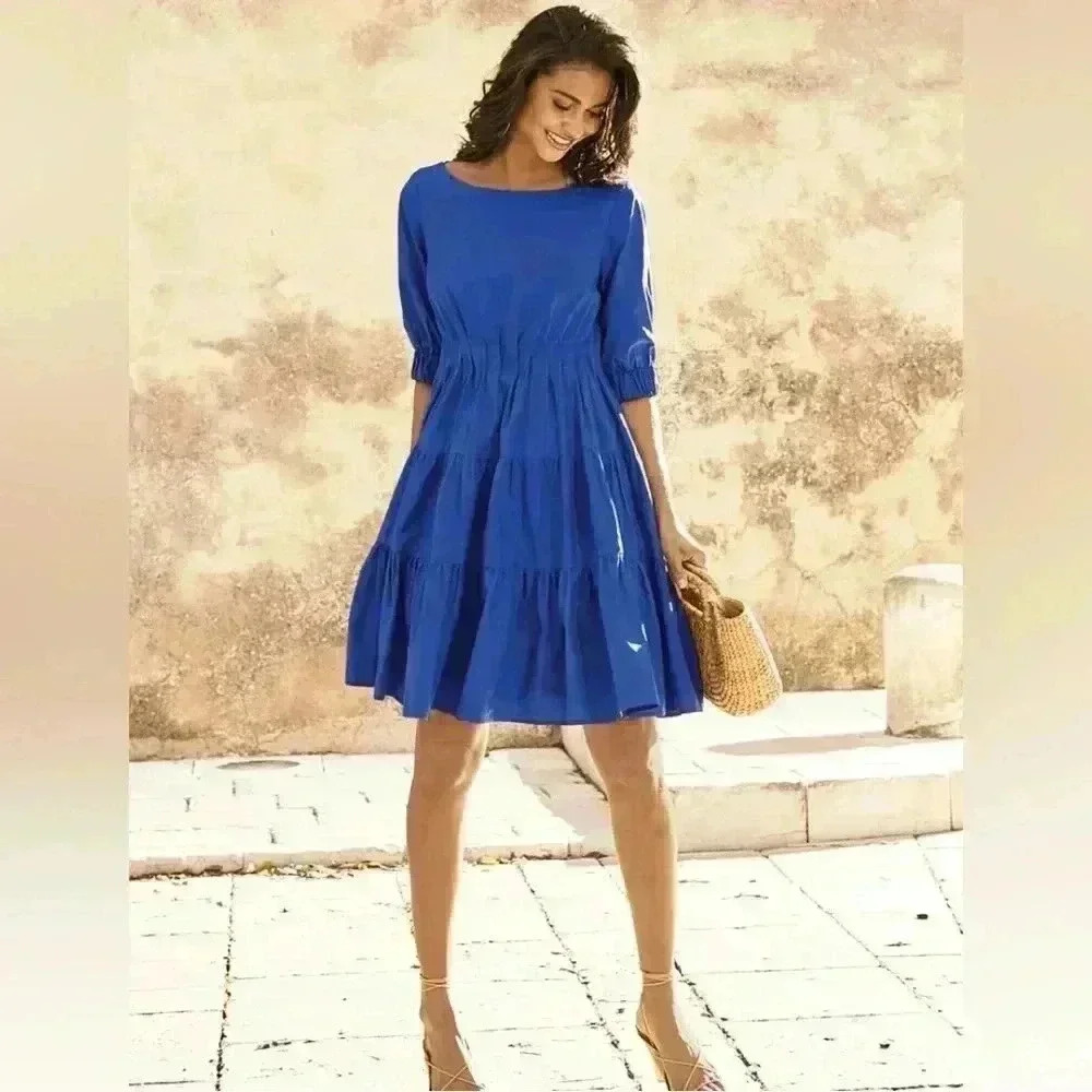 Peruvian Connection Royal Blue Tiered Cotton Dress